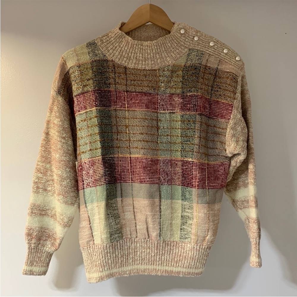 Vintage Plaid 1980s Sweater by Tony Lambert with Pearl Button Detail